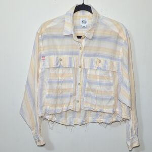 BDG Urban Outfitters Striped Cropped Boyfriend Frayed Hem Button-Down Shirt M